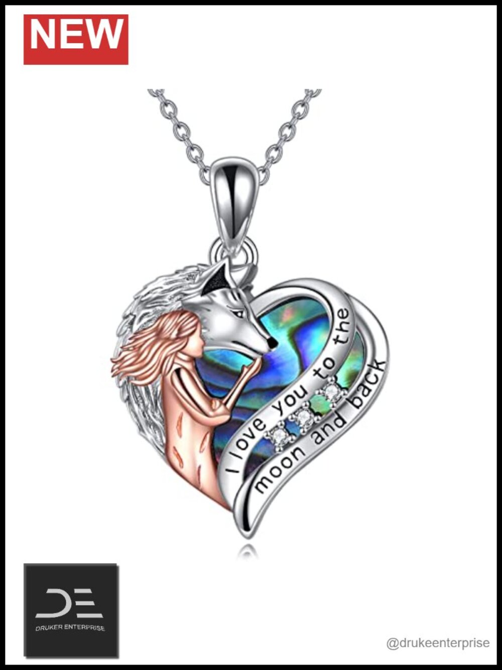 Sterling Silver Wolf Heart Pendant Necklace, Girlfriend Gift, 20" Chain